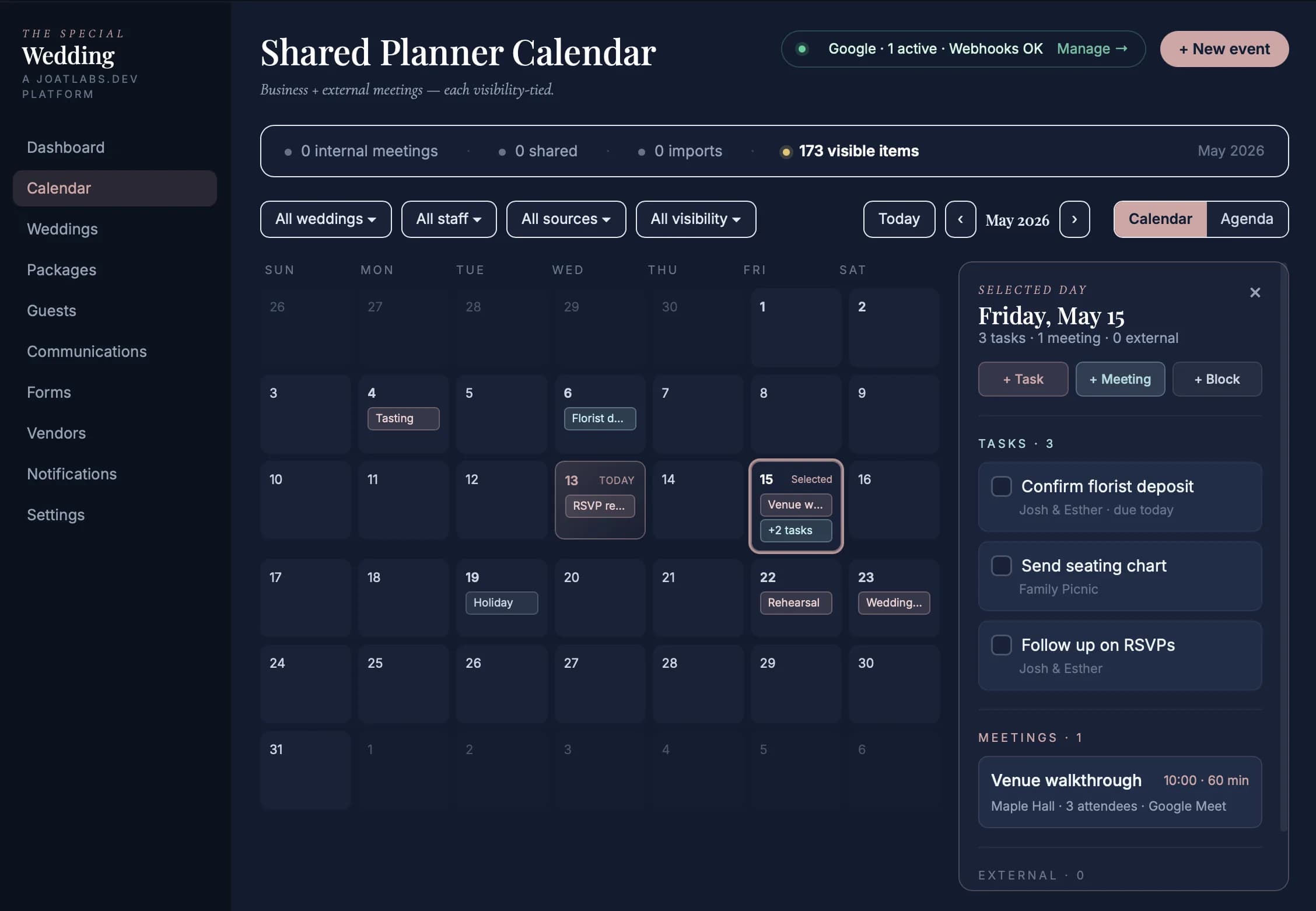 Wedding Timeline & Event Days — Build each event day once — ceremony, reception, brunch, cultural events — and keep the planner, couple, team, and slug aligned.