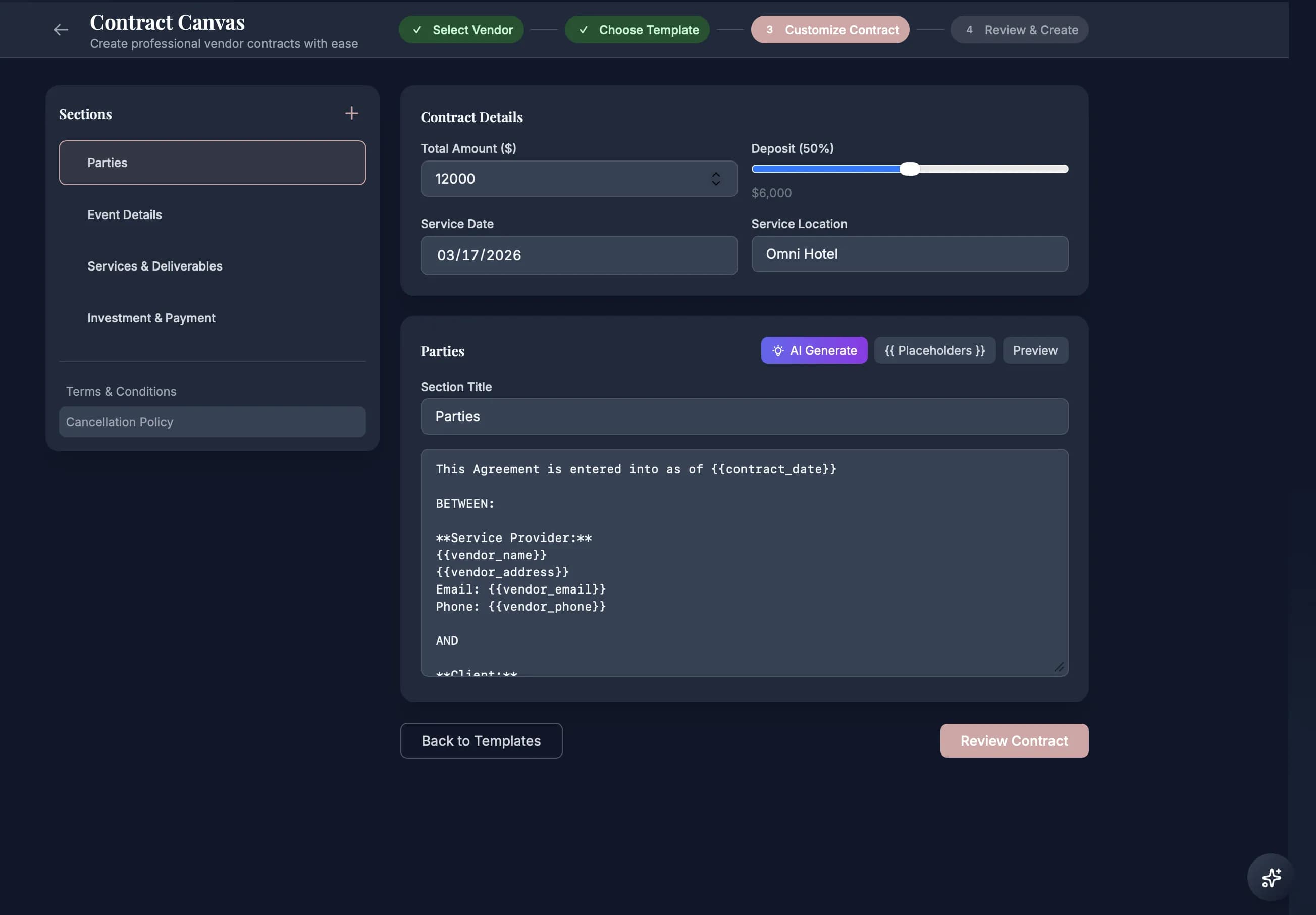 Contract Canvas → Sign → Pay — Build a contract from the vendor or package record, send it for signature, and collect payment into the planner account.