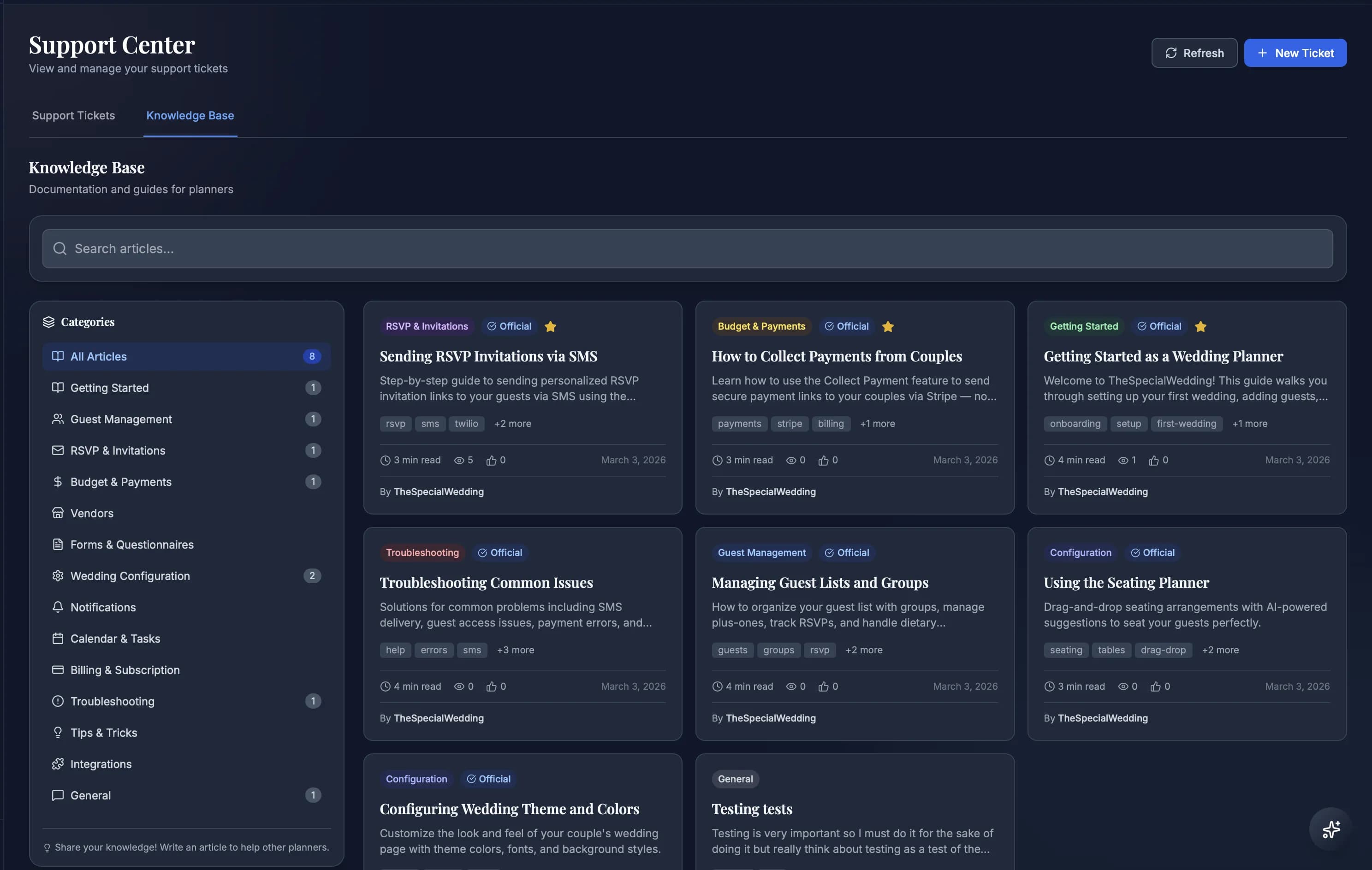 Knowledge Base — Searchable SOPs, platform guides, and planner playbooks live inside the workspace your team already uses.