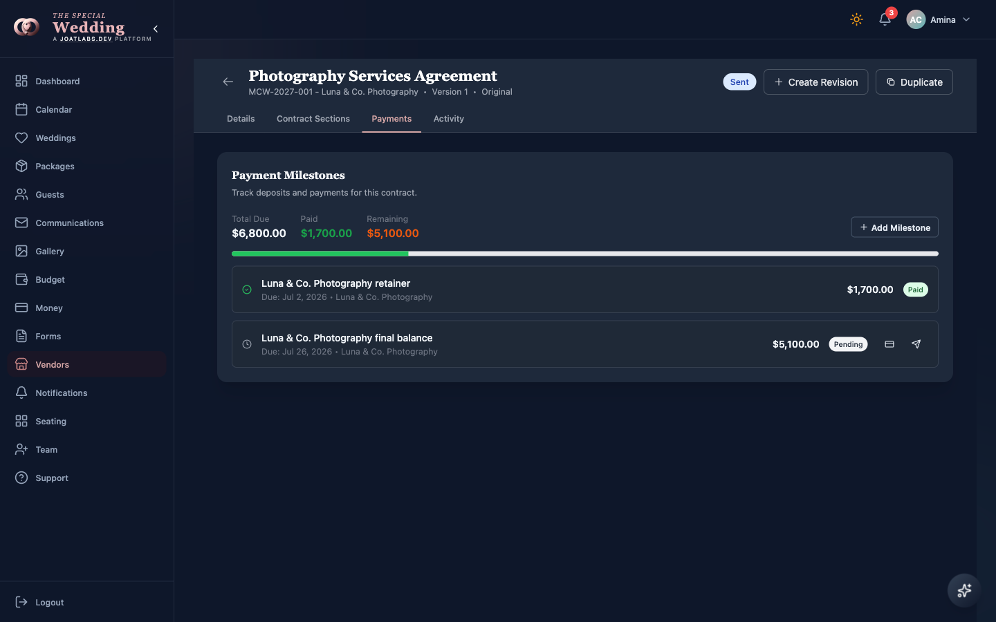 Vendor Contracts → Payment Milestones full product window from the fictional Marigold and Co. planner workspace