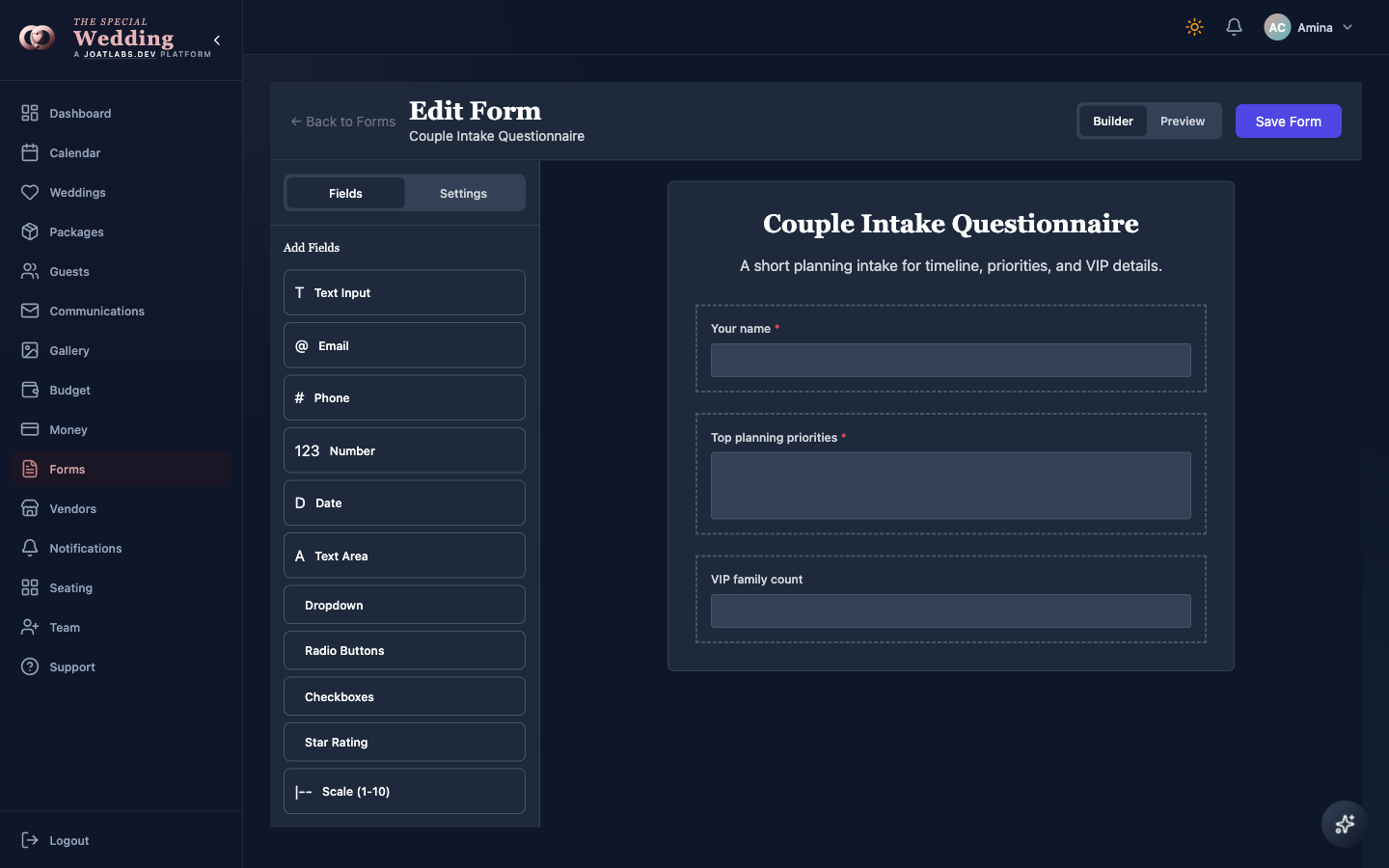 Planner form workspace with the couple intake questionnaire