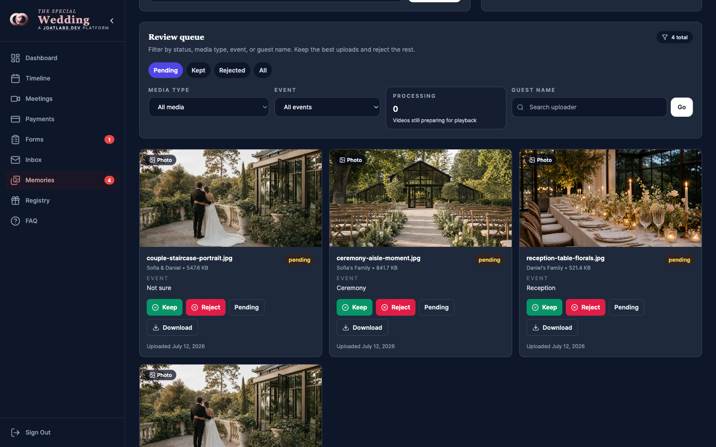 Sofia and Daniel Guest Memories review queue showing status filters, keep and reject decisions, and individual download controls