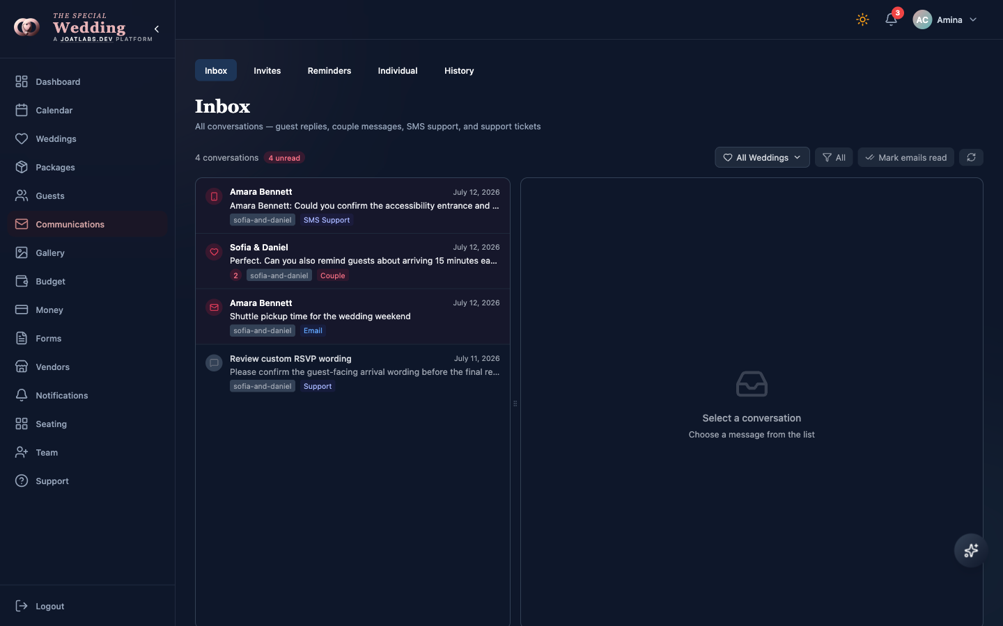 Planner inbox showing wedding conversations in one operational queue