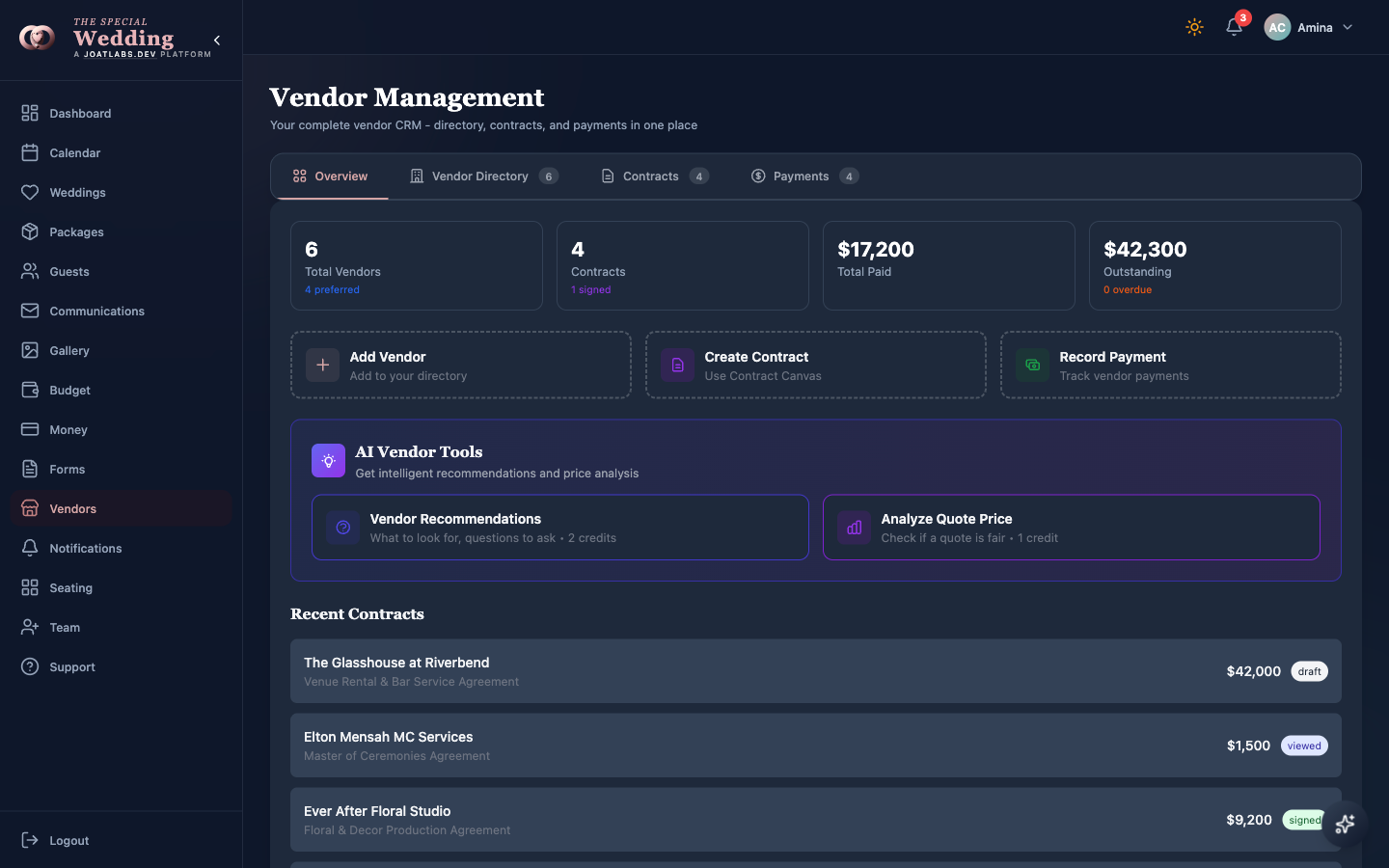 Planner Vendor Management showing private contacts, contracts, and payment status