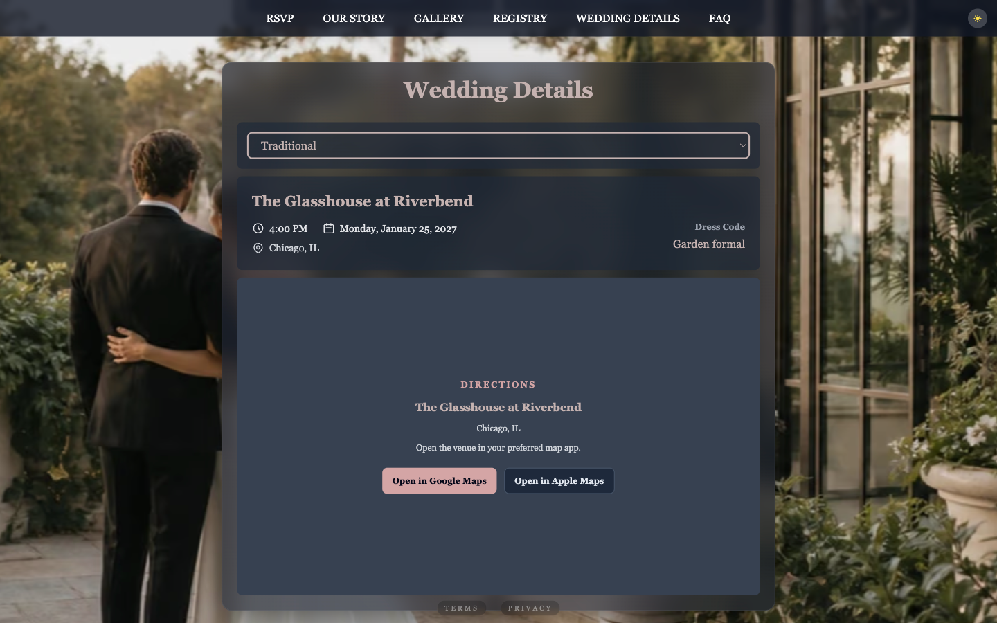 Sofia and Daniel public wedding website showing guest-facing details